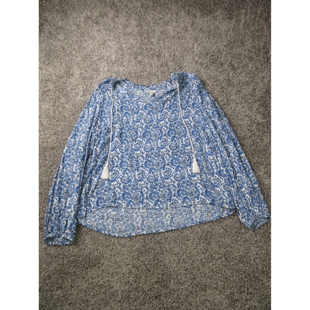 Lucky Brand Women M Paisley Boho Blouse Tassel Tie Floral High-Low Top
